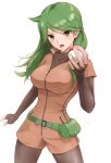  &gt;:o 1girl ace_trainer_(pokemon) blush bodysuit_under_clothes breasts brown_eyes commentary_request comugico cowboy_shot erect_nipples eyebrows_visible_through_hair fanny_pack green_hair highres holding holding_poke_ball leotard long_hair looking_at_viewer medium_breasts npc poke_ball pokemon pokemon_(game) pokemon_dppt short_sleeves solo standing zipper 