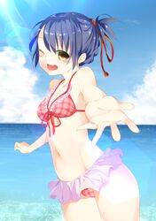  1girl beach bikini bikini_skirt black_hair blush brown_eyes clouds ishou_(pixiv_id_2789893) kimi_no_na_wa looking_at_viewer miyamizu_mitsuha ocean one_eye_closed pixiv ponytail ribbon sky solo splash wet wink 