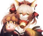  1girl animal_ears bare_shoulders bell bell_collar breasts c_cheshire cat_paws cleavage collar detached_sleeves fate/grand_order fate_(series) fox_ears fox_tail gloves highres jingle_bell large_breasts looking_at_viewer paw_gloves paws pink_hair simple_background smile solo tail tamamo_(fate)_(all) tamamo_cat_(fate) white_background yellow_eyes 