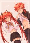  1boy 1girl abs character_request copyright_request navel red_eyes redhead satoimo_(3311_mi) school_uniform twintails 
