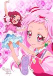  2018 2girls :d arm_up bare_legs blue_skirt blush cure_yell dual_persona earrings eyelashes flower hair_bun hair_flower hair_ornament hairclip heart_hair_ornament highres hugtto!_precure jewelry legs long_hair looking_at_viewer magical_girl multiple_girls nii_manabu nono_hana official_style open_mouth pink pink_background pink_eyes pink_footwear pink_hair pink_shirt precure red_ribbon ribbon shirt shoes short_hair signature skirt smile 