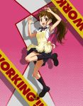  apron armpits bow bowtie brown_eyes brown_hair copyright_name full_body highres kneehighs loafers long_hair looking_at_viewer open_mouth polka_dot polka_dot_background ponytail shoes smile standing standing_on_one_leg takahashi_(dega_mo) taneshima_popura working!! 