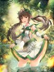  1girl :d absurdres breasts brown_hair crystalherb detached_sleeves droplets elf forest green_eyes highres laurel_crown long_hair looking_at_viewer nature open_mouth original outdoors pointy_ears reflection sideboob skirt skirt_lift smile solo sunlight twintails water 