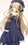  1girl :o abigail_williams_(fate/grand_order) bangs black_bow black_dress black_hat blonde_hair blue_eyes blush bow butterfly commentary_request dress eyebrows_visible_through_hair fate/grand_order fate_(series) hair_bow hat long_hair long_sleeves looking_at_viewer object_hug orange_bow parted_bangs parted_lips sleeves_past_fingers sleeves_past_wrists solo stuffed_animal stuffed_toy teddy_bear tsuyukina_fuzuki very_long_hair 