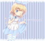  1girl absurdres alice_(wonderland) alice_in_wonderland apron bangs blue_dress blue_eyes blue_hairband blue_ribbon blush brown_hair character_doll chestnut_mouth commentary_request copyright_name dress eyebrows_visible_through_hair fingernails foreign_blue frilled_apron frills hair_between_eyes hair_ribbon hairband highres lace_border looking_at_viewer maid_apron one_eye_closed parted_lips pleated_dress pocket puffy_short_sleeves puffy_sleeves ribbon short_hair short_sleeves skirt_hold solo star striped striped_legwear stuffed_animal stuffed_bunny stuffed_toy thigh-highs vertical-striped_background vertical_stripes watermark web_address white_apron white_rabbit 