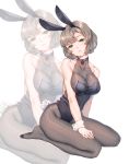 1girl animal_ears bare_shoulders blush breasts brown_hair bunny_girl bunny_tail bunnysuit cleavage collarbone fake_animal_ears fangxiang_cuoluan fishnet_pantyhose fishnets green_eyes hair_ornament hairclip highres large_breasts leotard looking_at_viewer no_shoes original pantyhose rabbit_ears short_hair simple_background sitting solo tail white_background wrist_cuffs zoom_layer 