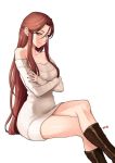  1girl bare_shoulders boots breasts brown_eyes cleavage collarbone crossed_arms idolmaster idolmaster_cinderella_girls legs_crossed lips long_hair looking_at_viewer nail_polish off-shoulder_sweater off_shoulder red_nails redhead shoukaki_(earthean) simple_background sitting smile solo sweater white_background white_sweater zaizen_tokiko 