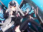  1girl armpits black_legwear black_leotard breasts chromatic_aberration detached_sleeves elsword eve_(elsword) facial_mark floating_hair gloves highres leotard long_hair looking_at_viewer signature silver_hair sitting small_breasts solo thigh-highs very_long_hair white_gloves xes_(xes_5377) yellow_eyes 