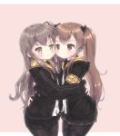  2girls bangs black_bow black_gloves black_hoodie black_legwear black_skirt blush bow brown_background brown_eyes brown_hair cheek-to-cheek closed_mouth commentary_request dress_shirt eye_contact eyebrows_visible_through_hair fingerless_gloves foreign_blue girls_frontline gloves hair_bow hood hood_down hoodie long_hair long_sleeves looking_at_another multiple_girls mutual_hug one_side_up open_clothes open_hoodie pantyhose pleated_skirt red_eyes shirt sidelocks simple_background skirt smile twintails ump45_(girls_frontline) ump9_(girls_frontline) very_long_hair white_shirt 