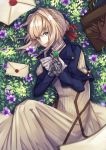  amoi blonde_hair blue_eyes braid brown_gloves dress envelope from_above gloves gloves_removed looking_at_viewer lying mechanical_hands on_side violet_evergarden violet_evergarden_(character) 