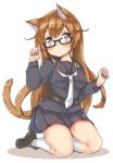  1girl alternate_breast_size animal_ears black-framed_eyewear black_serafuku blush brown_eyes brown_hair cat_ears cat_tail commentary_request glasses kantai_collection kemonomimi_mode kneeling long_hair long_sleeves looking_at_viewer mochizuki_(kantai_collection) necktie onomiya pleated_skirt sailor_collar school_uniform serafuku simple_background skirt solo tail white_background 