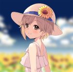  1girl bangs bare_shoulders blue_sky blurry blurry_background blush character_name clouds day depth_of_field dress eyebrows_visible_through_hair field flower flower_field from_side hat hat_flower idolmaster idolmaster_cinderella_girls kirarin369 looking_at_viewer looking_to_the_side red_eyes short_hair sky sleeveless sleeveless_dress solo sun_hat sunflower tan tareme white_dress white_hat yellow_flower 