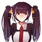  1girl alternate_hairstyle bangs blazer blunt_bangs blush breasts buckle chocolate_hair closed_mouth collared_shirt confetti eyebrows_visible_through_hair girls_frontline gloves hanato_(seonoaiko) holding holding_hair jacket long_hair long_sleeves looking_away medium_breasts necktie purple_hair red_eyes red_neckwear shirt sidelocks simple_background solo strap tsundere twintails twitter_username two_side_up upper_body wa2000_(girls_frontline) white_background white_shirt 