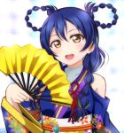  1girl angelic_angel bangs bare_shoulders blue_hair blush braid commentary_request detached_sleeves eyebrows_visible_through_hair fan floral_print folding_fan hair_between_eyes hair_ornament hair_rings japanese_clothes kimono long_hair long_sleeves looking_at_viewer love_live! love_live!_school_idol_project open_mouth shoulder_cutout simple_background smile solo sonoda_umi twin_braids upper_body wewe yellow_eyes 