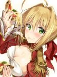  1girl ahoge blonde_hair breasts cleavage commentary_request eating fate/extra fate_(series) from_above green_eyes kakao_rantan looking_at_viewer looking_up nero_claudius_(fate) nero_claudius_(fate)_(all) simple_background slice_of_pizza solo 
