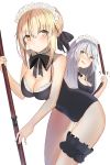  2girls artoria_pendragon_(all) artoria_pendragon_(swimsuit_rider_alter) black_ribbon black_swimsuit blonde_hair blush breasts casual_one-piece_swimsuit choker cleavage fate/grand_order fate_(series) hair_between_eyes highres holding jeanne_d&#039;arc_(alter)_(fate) jeanne_d&#039;arc_(fate)_(all) long_hair maid_headdress medium_breasts miamuly multiple_girls neck_ribbon one-piece_swimsuit open_mouth ribbon short_hair_with_long_locks sidelocks silver_hair simple_background swimsuit thigh_strap white_background yellow_eyes 