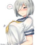  1girl absurdres blue_eyes blush breasts closed_mouth eyebrows_visible_through_hair hair_ornament hair_over_one_eye hairclip hamakaze_(kantai_collection) highres kantai_collection kiritto large_breasts lips nose_blush school_uniform serafuku short_hair short_sleeves silver_hair simple_background solo spoken_blush upper_body white_background 
