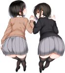  2girls absurdres ass bangs bent_knees black_blazer black_footwear black_hair black_legwear blue_eyes blush brown_sweater closed_mouth commentary_request copyright_request eyebrows_visible_through_hair from_behind full_body grey_skirt hair_ornament hairclip hand_holding hand_on_own_ass highres kyokucho leaning_forward long_sleeves looking_at_viewer looking_back mole mole_on_neck multiple_girls orange_eyes pleated_skirt school_uniform shoes short_hair simple_background skirt standing thigh-highs white_background 