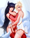  2girls ahri animal_ears bare_shoulders black_hair blue_eyes breasts cleavage collarbone cowboy_shot crossover detached_sleeves dress facial_mark fingernails fox_ears fox_girl fox_tail hair_over_one_eye hand_on_another&#039;s_thigh high_ponytail highres korean_clothes league_of_legends lips long_hair looking_at_viewer mcdobo medium_breasts mercy_(overwatch) multiple_girls multiple_tails nail_polish no_wings overwatch red_legwear see-through slit_pupils tail thigh-highs very_long_hair whisker_markings white_dress white_legwear yellow_eyes 