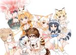  6+girls :3 :d :o alpaca_ears alpaca_suri_(kemono_friends) animal_ears babydoll bare_arms bare_legs bird_tail black_hair blonde_hair bloomers bow bowtie bra breasts brown_eyes brown_hair cleavage closed_mouth collar collarbone common_raccoon_(kemono_friends) eurasian_eagle_owl_(kemono_friends) eyebrows_visible_through_hair fang fangs fennec_(kemono_friends) fox_ears frills fur_collar fur_trim gloves grey_eyes grey_hair hair_between_eyes hair_ornament hair_over_one_eye hand_holding hand_on_another&#039;s_head hand_on_own_chest hands_up heart highres hood hood_down hoodie interlocked_fingers kaban_(kemono_friends) kanjitomiko kemono_friends kneeling lingerie long_hair long_sleeves looking_at_viewer multicolored_hair multiple_girls navel northern_white-faced_owl_(kemono_friends) open_clothes open_hoodie open_mouth outstretched_arms panties paw_pose raccoon_ears raccoon_tail sand_cat_(kemono_friends) see-through serval_(kemono_friends) serval_ears serval_tail shiny shiny_hair simple_background sitting smile stomach striped_tail tail thigh-highs tsurime underwear underwear_only upside-down white_background white_bloomers white_hair yellow_eyes 
