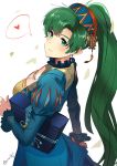  1girl absurdres alternate_costume blush dotentity dress fire_emblem fire_emblem:_rekka_no_ken fire_emblem_heroes green_eyes green_hair high_ponytail highres long_hair looking_at_viewer lyndis_(fire_emblem) ponytail simple_background smile 