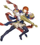  1boy blue_eyes cape eliwood_(fire_emblem) fire_emblem fire_emblem:_rekka_no_ken fire_emblem_heroes full_body highres holding itou_misei male_focus official_art open_mouth polearm redhead short_hair solo spear weapon 