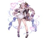  1girl apron bangs black_sweater blue_eyes bow braid breasts cleavage cleavage_cutout doraf full_body granblue_fantasy hair_bow hair_ornament hair_over_one_eye heart heart_hair_ornament holding horns large_breasts long_hair long_sleeves looking_at_viewer mary_janes minaba_hideo narumeia_(granblue_fantasy) official_art pink_hair pointy_ears purple_bow ribbed_sweater shoes socks solo sweater transparent_background underwear whisk white_legwear 