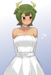  alternate_costume animal_ears arms_behind_back aurochs_(kemono_friends) bare_shoulders blush choker collarbone dress elbow_gloves embarrassed gloves gradient gradient_background green_hair highres horns kemono_friends looking_away nairage short_hair strapless strapless_dress wedding_dress white_dress white_gloves 