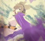  1girl bangs brown_eyes brown_hair cape closed_mouth cowboy_shot earmuffs from_side hair_between_eyes looking_at_viewer makuwauri pointy_hair purple_cape short_hair sleeveless solo touhou toyosatomimi_no_miko 