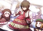  +_+ 1boy 5girls bangs beret black_bow black_dress black_hat black_panties blonde_hair blue_eyes blurry blurry_background blush bow bowl brown_eyes brown_hair chestnut_mouth depth_of_field dress dutch_angle eyebrows_visible_through_hair fate/extra fate/grand_order fate_(series) food fruit fujimaru_ritsuka_(male) gloves green_hat hair_between_eyes hat hat_bow holding holding_bowl holding_fruit horns ibaraki_douji_(fate/grand_order) indoors jack_the_ripper_(fate/apocrypha) jacket long_hair multiple_girls nursery_rhyme_(fate/extra) oni oni_horns panties parted_lips paul_bunyan_(fate/grand_order) pink_eyes purple_hair silver_hair sketch strawberry twintails underwear violet_eyes wadakazu white_gloves white_jacket wu_zetian_(fate/grand_order) 