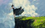  1girl barefoot black_dress black_hair clouds cloudy_sky day dress falling flower grass loika open_mouth original outstretched_arms sky sleeveless solo_focus watermark 