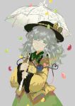  1girl candy food green_eyes grey_background grey_hair hat jelly_bean komeiji_koishi long_hair looking_at_viewer seeker smile solo third_eye touhou umbrella 