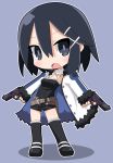  1girl asagiri_asagi blue_eyes blue_hair chibi coat dual_wielding fur_collar fur_trim gun handgun long_sleeves looking_at_viewer makai_wars open_mouth osaragi_mitama pistol ribbed_shirt shirt short_hair shorts simple_background sleeveless sleeveless_shirt standing thigh-highs weapon 