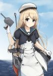  1girl blonde_hair blue_eyes blue_sailor_collar blue_sky cannon cowboy_shot dress driftkingtw gloves hat highres horizon jervis_(kantai_collection) kantai_collection long_hair looking_at_viewer machinery ocean outdoors sailor_collar sailor_dress sailor_hat short_sleeves signature sky smile solo turret water white_dress white_gloves white_hat 