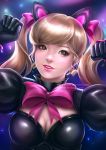 1girl alternate_costume animal_ears black_cat_d.va black_dress black_gloves blonde_hair blue_background bow bowtie breasts brown_eyes cat_ears cleavage d.va_(overwatch) dress earrings eyelashes gloves hair_bow heart heart_earrings jewelry lolita_fashion looking_at_viewer medium_breasts nindei overwatch parted_lips pink_bow pink_lips portrait puffy_short_sleeves puffy_sleeves short_sleeves smile solo twintails watermark web_address 