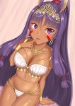  1girl animal_ears artist_request bikini blush breasts commentary_request dark_skin earrings egyptian_clothes facepaint facial_mark fate/grand_order fate_(series) hairband highres hoop_earrings jackal_ears jewelry long_hair low-tied_long_hair medium_breasts nitocris_(fate/grand_order) nitocris_(swimsuit_assassin)_(fate) ponytail purple_hair solo swimsuit violet_eyes white_bikini white_swimsuit 