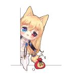  +_+ 1girl :3 :d animal_ears babydoll bangs black_gloves blonde_hair blue_eyes blue_flower blue_rose blush cat_ears chibi detached_collar eyebrows_visible_through_hair flower foreign_blue g41_(girls_frontline) girls_frontline gloves hair_between_eyes hair_ornament heterochromia korean leaning_to_the_side long_hair low-tied_long_hair miniskirt navel open_mouth pleated_skirt red_eyes rose skirt smile solo translation_request upper_teeth very_long_hair white_babydoll white_background white_collar white_skirt 