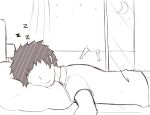  1boy climbing comic commentary_request crescent_moon curtains faceless faceless_male greenteaneko greyscale highres indoors lamp lying monochrome moon on_bed on_stomach original pillow shirt short_sleeves silent_comic sketch sky sleeping solo_focus star_(sky) starry_sky window zzz 
