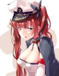  1girl :o azur_lane bangs between_breasts black_cape black_ribbon blurry breasts cape chains cleavage collar detached_sleeves from_side hair_ribbon hat honolulu_(azur_lane) large_breasts long_hair looking_at_viewer looking_to_the_side open_mouth peaked_cap red_eyes redhead ribbon solo sutaa_dasuto-kun sweat twintails two-tone_background upper_body v-shaped_eyebrows white_hat 