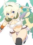  1girl blue_eyes blush breasts cleavage fang fleeing highres horn_ornament kirin_(armor) long_tongue midriff monster_hunter navel nishi_tanuki running strapless tongue tubetop vambraces white_hair 