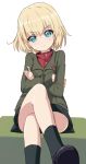  1girl blonde_hair blue_eyes chikuwa_(majihima) closed_mouth commentary_request crossed_arms girls_und_panzer katyusha legs_crossed looking_at_viewer military military_uniform pravda_military_uniform short_hair simple_background sitting solo uniform white_background 