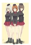  3girls ankle_boots artist_name bangs black_footwear black_hat black_jacket black_legwear blue_eyes boots brown_eyes brown_hair clenched_hand closed_mouth dated dress_shirt eyebrows_visible_through_hair frown full_body garrison_cap girls_und_panzer hand_on_another&#039;s_shoulder hand_on_hip hands_together hat interlocked_fingers itsumi_erika jacket kuromorimine_military_uniform long_hair long_sleeves looking_at_viewer looking_away military military_hat military_uniform miniskirt multiple_girls nishizumi_maho nishizumi_miho outside_border pepperoni_(girls_und_panzer) pleated_skirt raki_(kuroe) red_shirt red_skirt shirt short_hair side-by-side silver_hair sketch skirt smile socks standing sweatdrop uniform v-shaped_eyebrows wing_collar yellow_background 