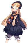  1girl abigail_williams_(fate/grand_order) absurdres bangs black_bow black_dress black_hat blonde_hair bloomers blue_eyes blush bow butterfly closed_mouth commentary_request dress eyebrows_visible_through_hair fate/grand_order fate_(series) forehead hair_bow hat highres long_sleeves looking_at_viewer object_hug orange_bow parted_bangs polka_dot polka_dot_bow simple_background sleeves_past_fingers sleeves_past_wrists snozaki solo stuffed_animal stuffed_toy teddy_bear underwear white_background white_bloomers 
