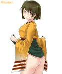  1girl absurdres ass brown_eyes brown_hair green_hakama hair_between_eyes hakama hakama_lift hakama_skirt highres hiryuu_(kantai_collection) japanese_clothes kantai_collection kimono kiritto lifted_by_self long_sleeves one_side_up orange_kimono short_hair simple_background solo twitter_username white_background wide_sleeves 