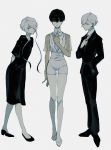  alternate_costume androgynous antarcticite arms_behind_back artist_request black_eyes black_hair blue_eyes dress expressionless formal ghost_quartz_(houseki_no_kuni) golden_arms hair_over_one_eye hand_on_own_chest heterochromia highres houseki_no_kuni necktie phosphophyllite phosphophyllite_(ll) short_hair shorts spoilers suit white_hair yellow_eyes 