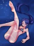 1girl absurdres air_bubble barefoot bikini blue_hair breasts bubble commentary_request front-tie_top full_body highres kurogane_yamato long_hair love_live! love_live!_sunshine!! matsuura_kanan medium_breasts ponytail solo striped striped_bikini swimsuit underwater violet_eyes white_stripes 