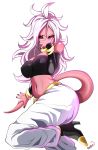 1girl absurdres android_21 anklet artist_name ass black_sclera breasts choker covering_face detached_sleeves dragon_ball dragon_ball_fighterz fingernails harem_pants high_heels highres holding_tail jewelry large_breasts long_fingernails long_hair majin_android_21 monster_girl nail_polish navel pants pink_skin pose red_eyes solo stomach tail white_eyebrows white_hair
