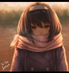  1girl artist_name bangs black_hair blue_coat blurry blurry_background brown_eyes commentary covered_mouth dated girls_und_panzer hairband highres light_particles long_hair long_sleeves looking_at_viewer pink_scarf reizei_mako scarf solo standing tacch upper_body white_hairband winter_clothes 