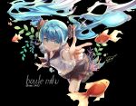  1girl artist_name black_background black_bow black_skirt blue_eyes blue_hair blush bottle_miku bow character_name eyebrows_visible_through_hair fish floating_hair goldfish hair_between_eyes hair_bow hatsune_miku hon_(neo2462) index_finger_raised liquid_hair long_hair looking_at_viewer miniskirt outstretched_arm pleated_skirt shirt short_sleeves simple_background skirt smile solo twintails very_long_hair vocaloid white_shirt 