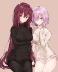  2girls breasts brown_hair fate/grand_order fate_(series) highres large_breasts long_hair looking_at_viewer mash_kyrielight medium_breasts multiple_girls pantyhose pink_background pink_hair red_eyes scathach_(fate/grand_order) simple_background sweater thighs very_long_hair violet_eyes 